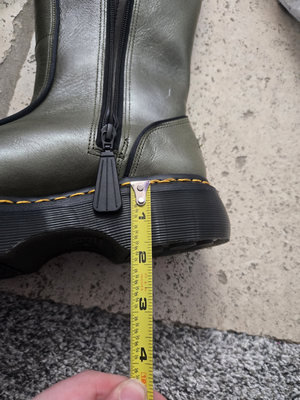 Dr. Martens Olive Green Leather Knee-High Zip Boots with Yellow Stitching - Picture 12 of 16